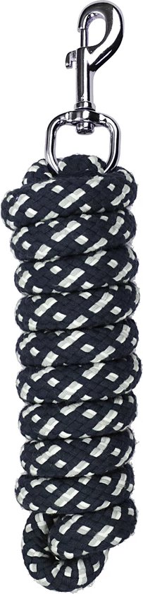 Donkerblauw halstertouw met wit gevlochten patroon en zilverkleurige karabijnhaak.