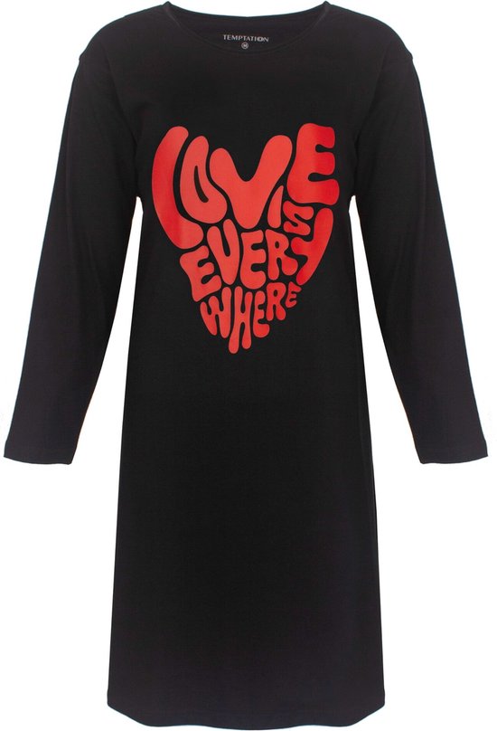 Chemise de nuit noire à manches longues avec une grande impression rouge en forme de cœur "LOVE IS EVERY WHERE".