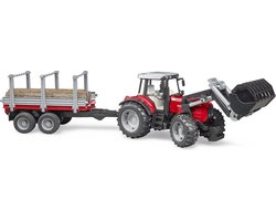 Bruder 02046 Massey Ferguson 7480 Tractor met Voorlader en Houttransportaanhanger + 3 Boomstammen - Speelgoed voor Kinderen vanaf 4 Jaar