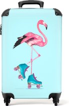 NoBoringSuitcases.com® Valise - Flamingo - Patins à roulettes à roulettes - Blauw - Rose - Convient en 55x40x20 cm et 55x35x25 cm - Bagage à Bagage à main - Trolley - Valise photo - Taille cabine - Imprimé