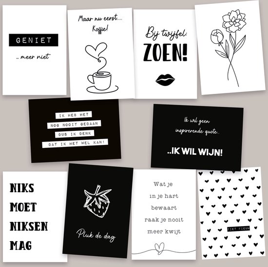 Woonkaarten set 10 stuks Zwart/ wit - Tekst kaart - Quote kaarten - Decoratiekaarten voor in huis - verjaardagscadeau man vrouw