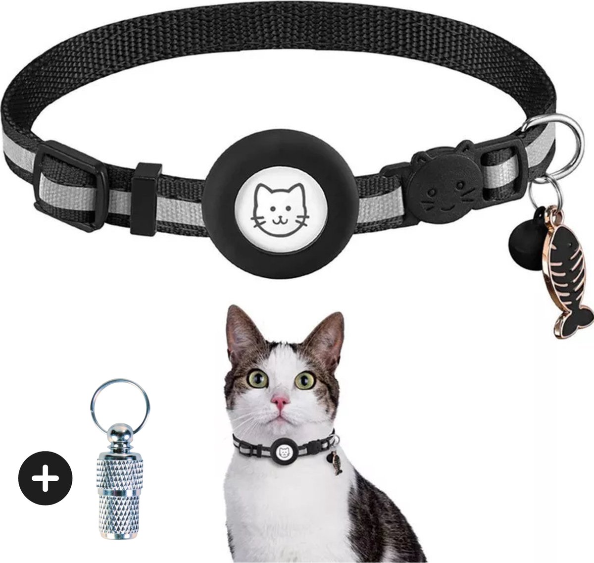 PeekGuard - Kattenhalsband geschikt voor Apple AirTag - Halsband kat met Airtag Houder - Reflecterend & Comfortabel - Veiligheidssluiting & Kras -en waterbestendig - Incl. Adreskoker - Premium Zwart