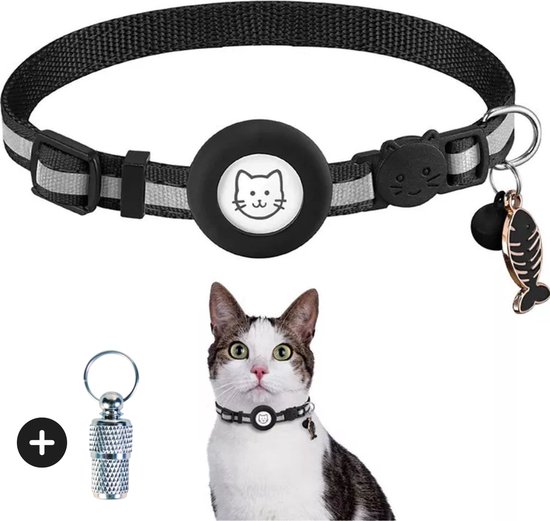 PEEKGUARD© - Kattenhalsband geschikt voor Apple AirTag - Halsband kat met Airtag Houder - Reflecterend & Comfortabel - Veiligheidssluiting & Kras -en waterbestendig - Incl. Adreskoker - Premium Zwart