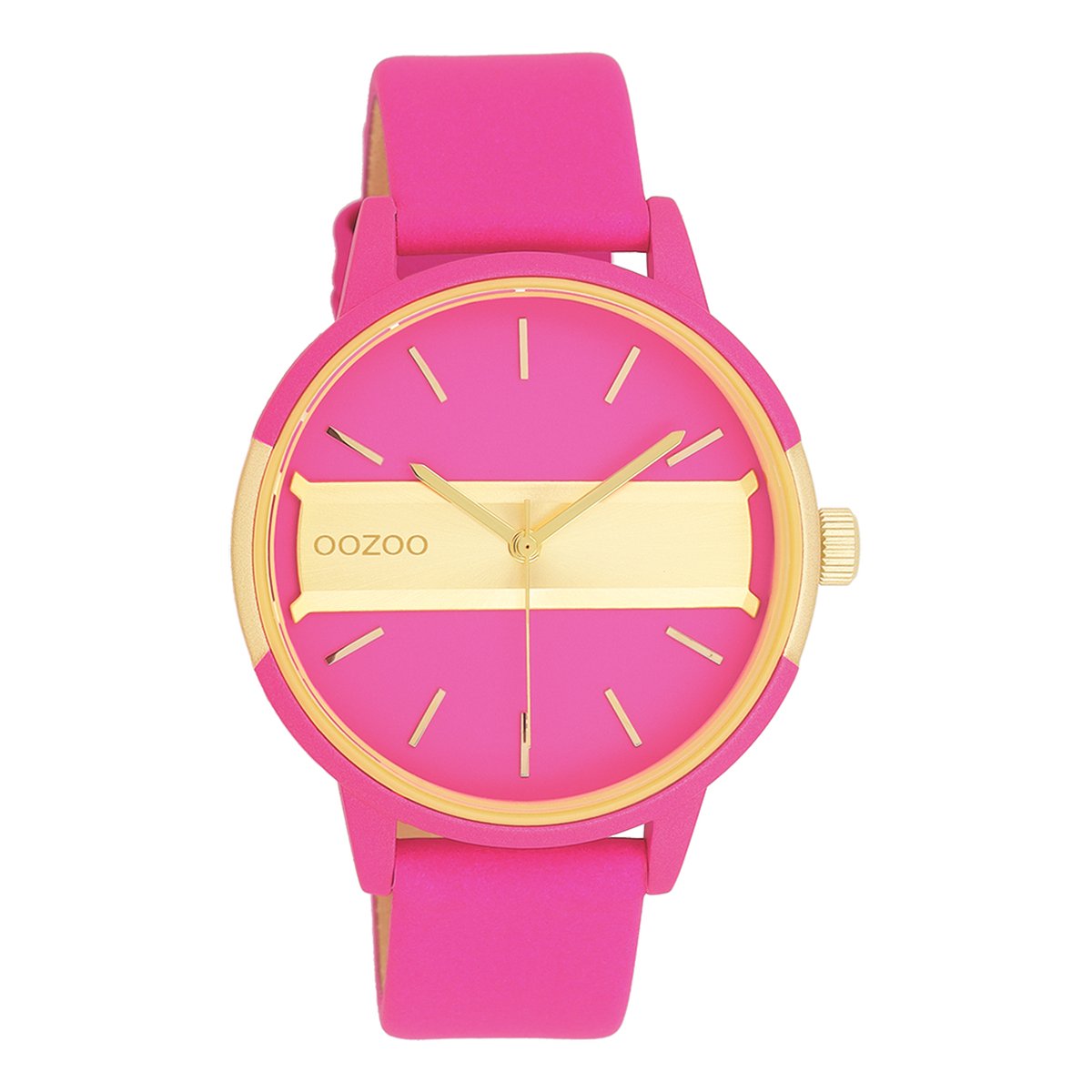 OOZOO Timepieces - Neon roze-goudkleurige OOZOO horloge met neon roze leren band - C11192