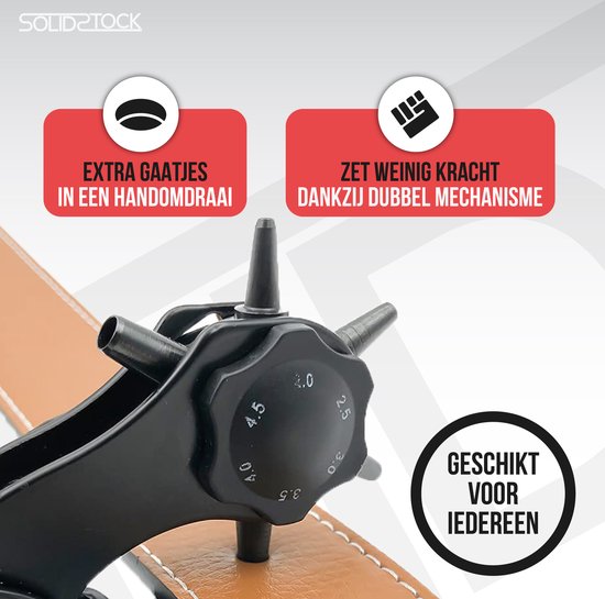 SolidStock Gaatjestang voor riem - met Gratis Meetlat - Ponstang - Revolvertang - Gatentang - Rood