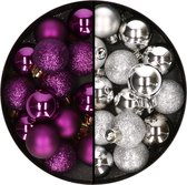 Decoris petites boules de Noël - 28x pcs - argent et violet - 3 cm - plastique