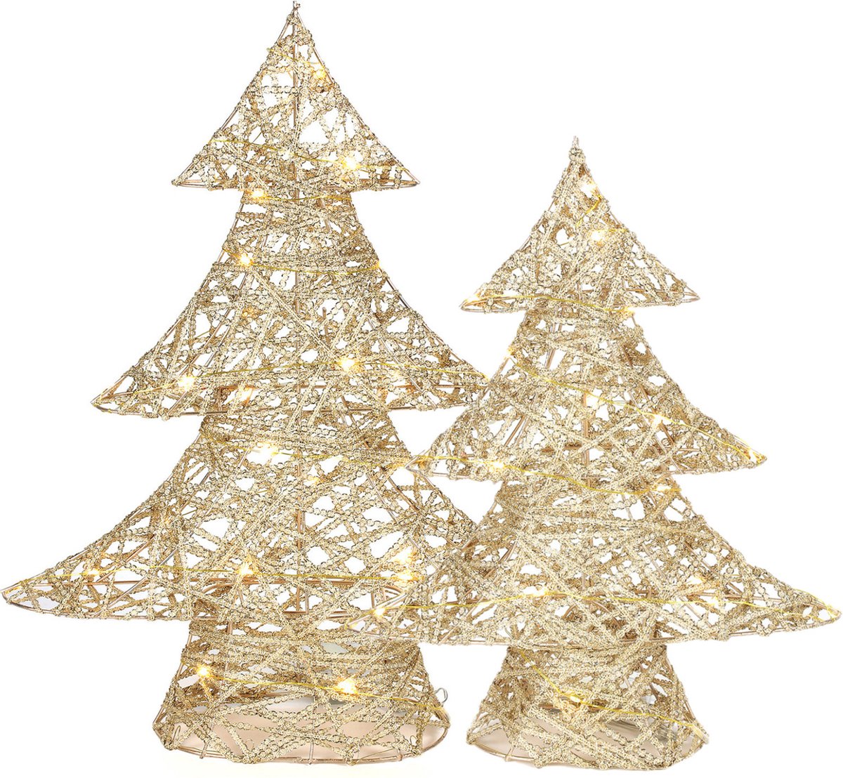 Decoratie kerstboompjes - 2x st - goud - met verlichting - H35 en h48 cm