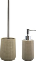 MSV Toiletborstel in houder 35 cm/zeeppompje 275 ml set Squares - Polyresin/RVS - taupe/beige