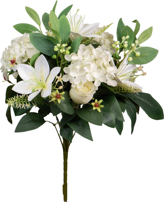 Louis Maes Bouquet de Fleurs artificielles rose/hortensia/lys - crème/blanc - H39 cm - Composition florale - Vert feuille