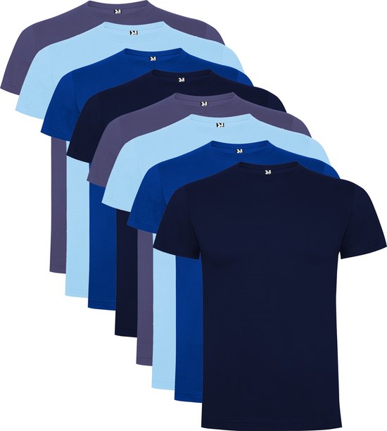 8 Pack Roly Dogo Premium Heren T-Shirt 100% katoen Ronde hals Konings Blauw, Licht Blauw, Denim Blauw, Donker Blauw Maat 3XL
