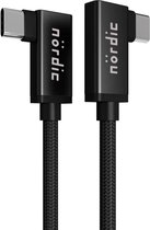 NÖRDIC USBC-N1122 - Supersnelle Haakse USB-C naar Haakse USB-C Nylonkabel - USB3.2 Gen2 - 10Gb/s - 100W stroom - 4K60Hz video - Met Emarker - 1m - Zwart