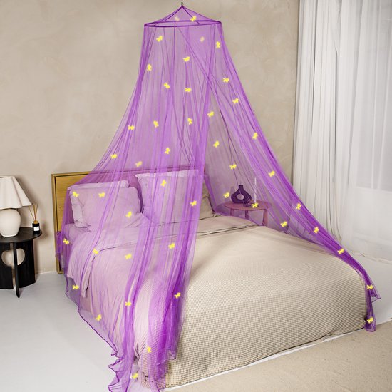 Paarse Klamboe met Glow in the Dark Eenhoorns - Paars Hemelbed voor Kinderkamer of Volwassenen - Eenhoorn Sluier, Hemeltje en Bedtent - Baby Muggennet Bedhemel Decoratie — afbeelding 4