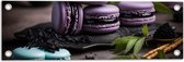 Tuinposter – Zwart Plateau met Paarse Macarons - 60x20 cm Foto op Tuinposter (wanddecoratie voor buiten en binnen)