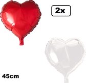 2x Folieballon Hart rood en wit (45 cm) - trouwen huwelijk bruid hartjes ballon feest festival liefde white
