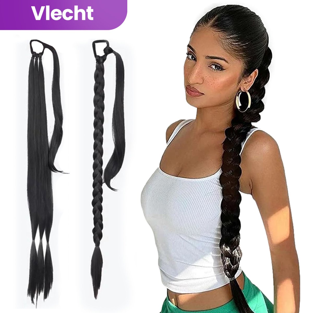 SassyGoods® Braided Ponytail Extensions - Vlecht Haar - Braids Hair - Haarstuk - Zwart - 80 cm