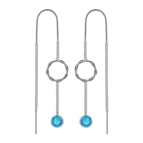 Zilveren oorbellen | Chain oorbellen | Zilveren chain oorbellen, bewerkte cirkel en blauw kristal