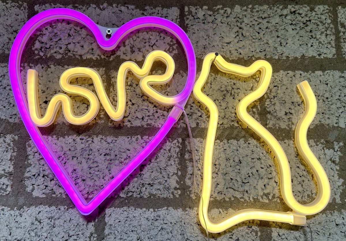 LED hart+love en kat met neonlicht - Set van 2 stuks – roze + geel en geel neon licht - Op batterijen en USB - hoogte hart+love 27 x 25.5 x 2 cm - hoogte kat 17 x 1.5 x 23.5 cm - Wandlamp - Sfeerlamp - Decoratieve verlichting - Woonaccessoires