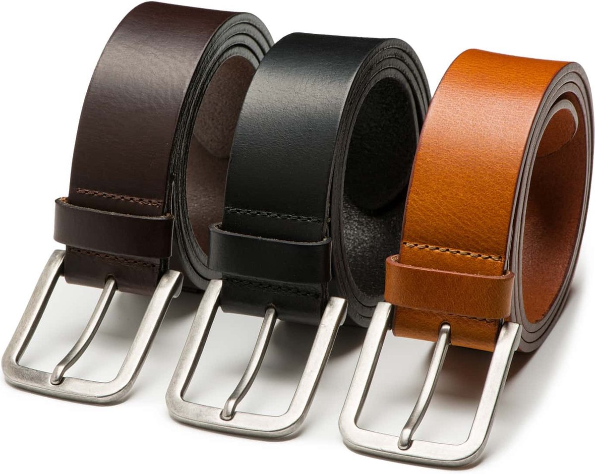 DTCH.FIT Herenriem Leer Mason - Riem Zwart, Donkerbruin & Cognac - Jeans Broekriem - Riemmaat 85cm - Totale lengte 100cm - 3 Stuks