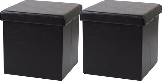 Urban Living Poef Leather BOX - 2x - hocker - opbergbox - zwart - PU/mdf - 38 x 38 cm - opvouwbaar