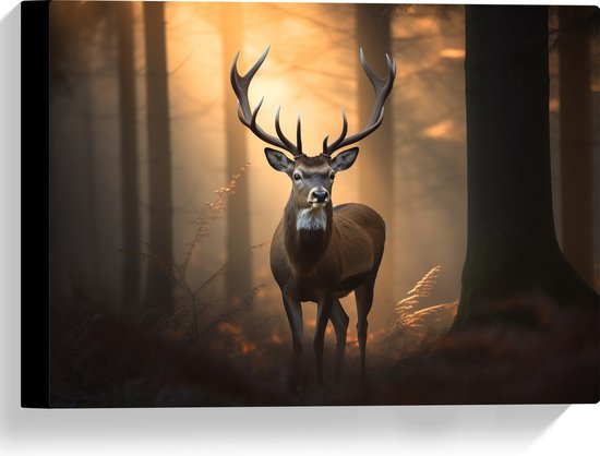 Canvas - Rendier in het Bos - 40x30 cm Foto op Canvas Schilderij (Wanddecoratie op Canvas)