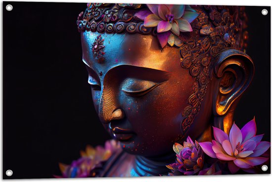Tuinposter – Religieuze Boeddha met Roze Lelie Bloemen - 90x60 cm Foto op Tuinposter (wanddecoratie voor buiten en binnen)