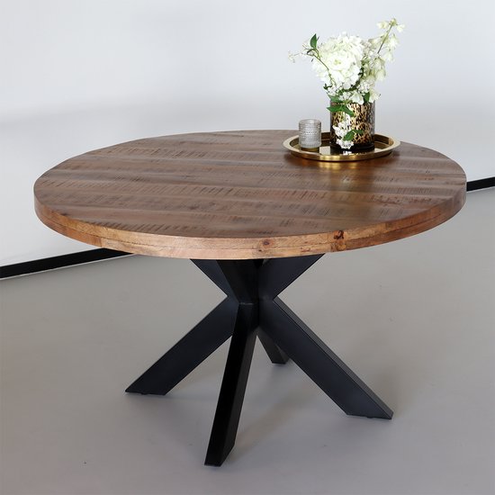 Eettafel rond mangohout 150cm Jones bruin ronde industriële tafel duurzaam mango eetkamertafel