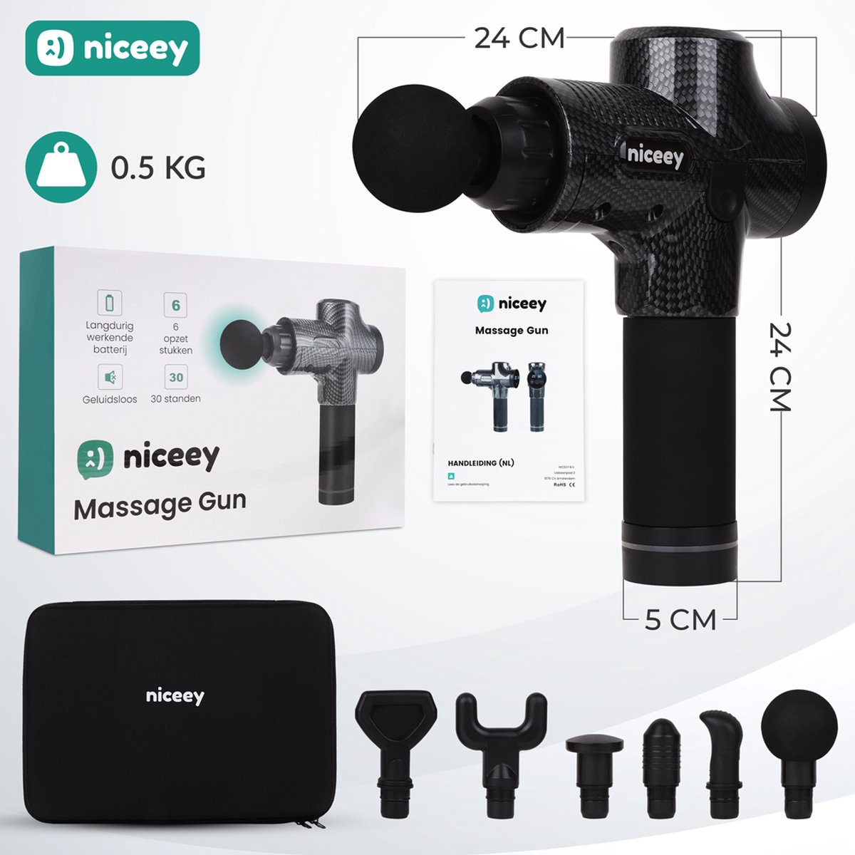 Niceey Massage Gun Pro: 30 standen, 6 opzetstukken, draadloos thumbnail 5