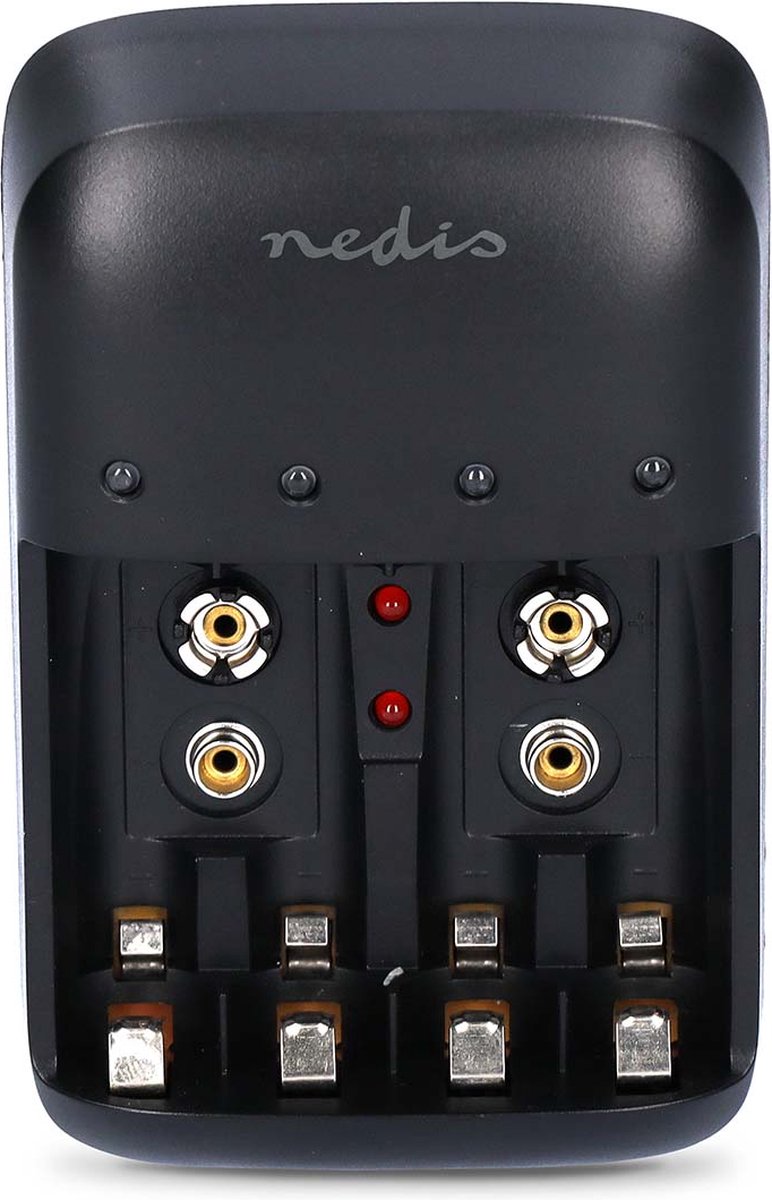 Nedis NiMH-Batterijlader AA / AAA - 1.2 / 9 V DC - 0.5 A - Druppelladen - Type C (CEE 7/16) - Batterijtype: AA / AAA / E-Blok (9V) - Zwart