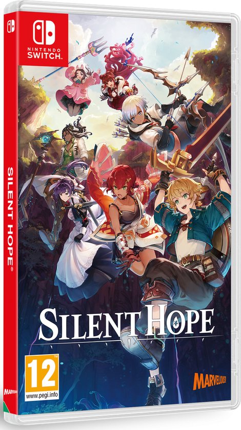 De zijkant van de Nintendo Switch-game 'Silent Hope' met de titel op een rode achtergrond, naast de cover art met zeven anime-personages.