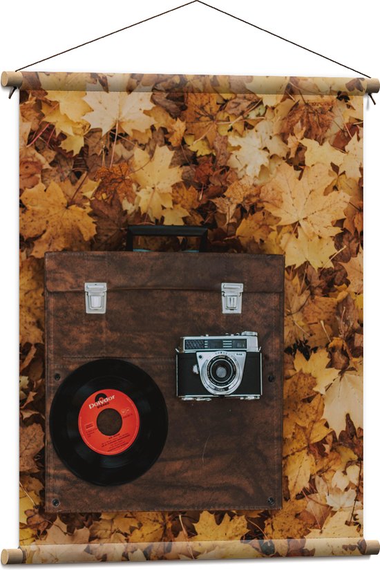 Textielposter - Muziekplaat en Vintage Camera op Koffer tussen de Herfstbladeren - 60x80 cm Foto op Textiel