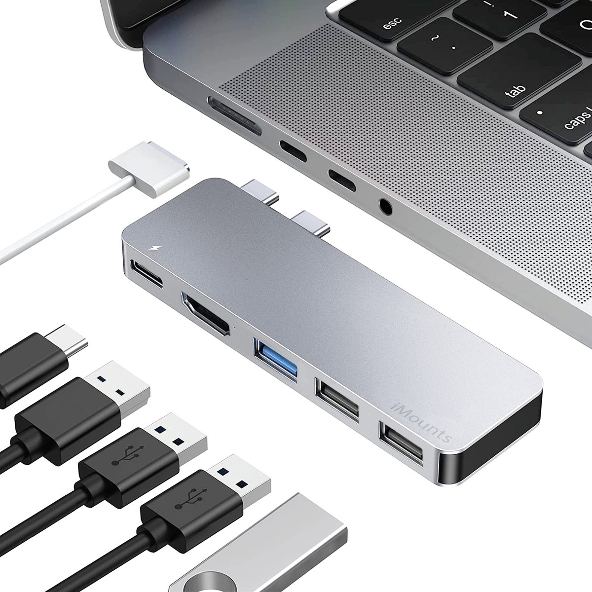iMounts USB-C hub MacBook Air/Pro - 2022 en 2023 - HDMI - USB3.0 - Thunderbolt 3 - Zilver