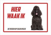 Bord | Waakbord | "Hier waak ik" | 30 x 20 cm | Poedel | Zwart | Gevaarlijke hond | Waakhond | Hond | Betreden op eigen risico | Polystyreen | Rechthoek | Witte achtergrond | Dikte: 1 mm | 1 stuk