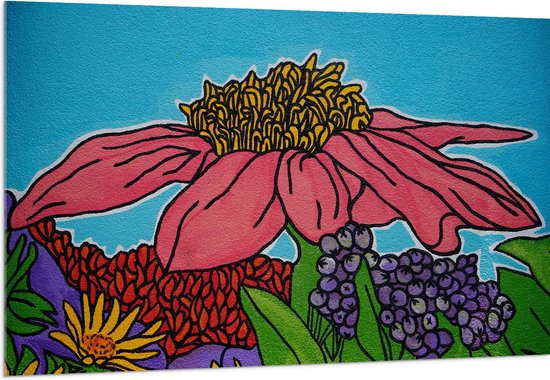 Acrylglas - Cartoon Tekening van Roze, Paarse, Gele en Rode Bloemen - 150x100 cm Foto op Acrylglas (Met Ophangsysteem)