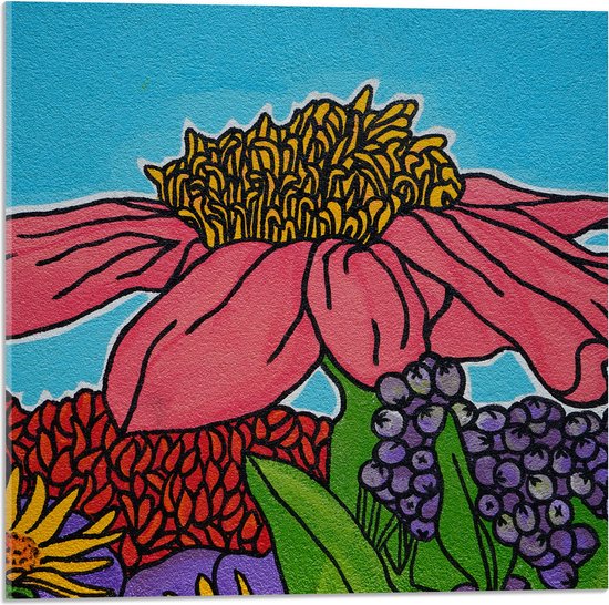 Acrylglas - Cartoon Tekening van Roze, Paarse, Gele en Rode Bloemen - 50x50 cm Foto op Acrylglas (Wanddecoratie op Acrylaat)