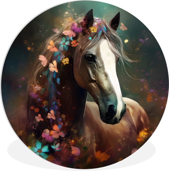 WallCircle - Wandcirkel paard - Bloemen - Natuur - Dieren - Wanddecoratie woonkamer - Muurcirkel binnen - Wandbord rond - Ronde schilderijen - 90x90 cm - Ronde muurdecoratie - Cirkel schilderij