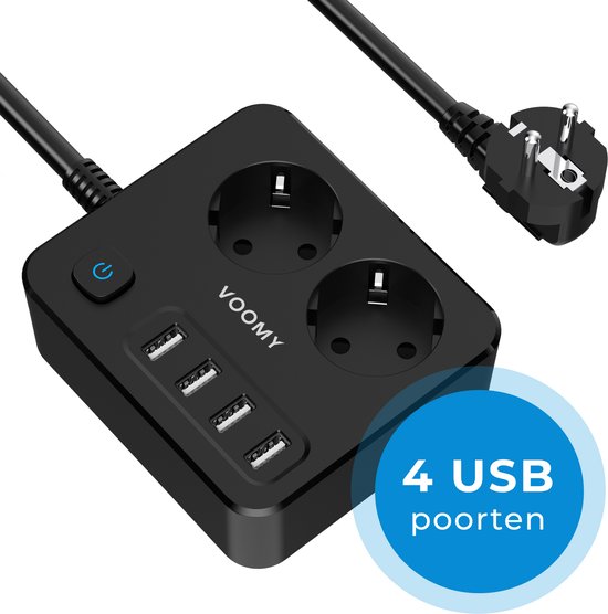 Voomy Stekkerdoos met 4 USB poorten - Aan/Uit Schakelaar - 2 Stopcontacten - 6-Voudig - Zwart