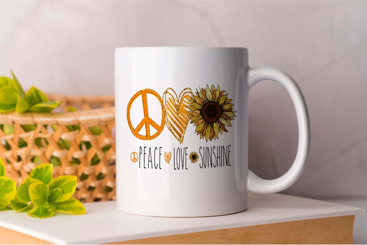 Mok Peace Love Sunshine - Sunflower - Sunshine - zonnebloem - zonneschijn - Bee - Bij - Yellow - Geel - aesthetic - Gift - Cadeau - Girl - Meisje