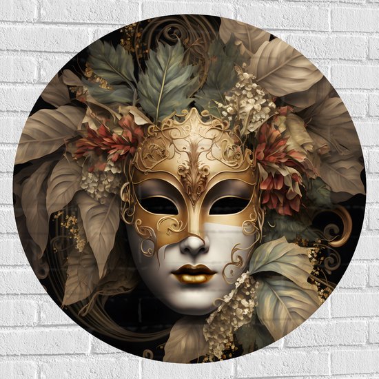 Muursticker Cirkel - Venetiaanse carnavals Masker met Gouden en Beige Details tegen Zwarte Achtergrond - 90x90 cm Foto op Muursticker