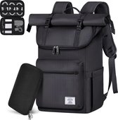 Rolltop Backpack Men Women Waterproof Backpack Men's Laptop Backpack 17 Inch with USB Hole School Backpack Daypacks for University Work Travel Leisure, Black + Cable Bag, Rucksack