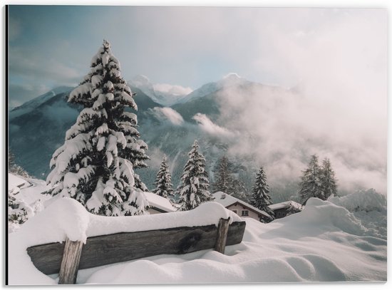Dibond - Sneeuw - Boom - Hout - Bankje - Huizen - Bergen - Wolken - 40x30 cm Foto op Aluminium (Wanddecoratie van metaal)