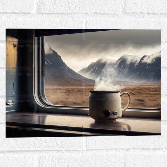 Muursticker - Stomende Kop Koffie in Camper met Uitzicht op Bergen - 40x30 cm Foto op Muursticker