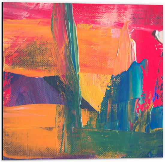 Dibond - Abstract Kunstwerk in Oranje, Blauwe en Roze Tinten - 50x50 cm Foto op Aluminium (Met Ophangsysteem)