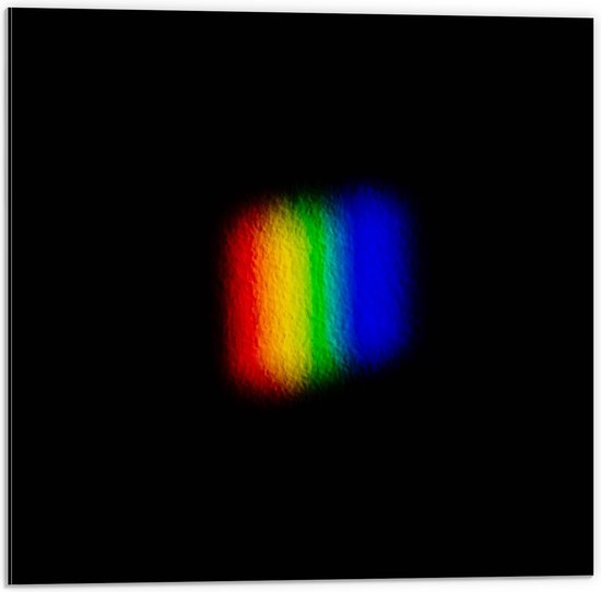 Dibond - Regenboogkleurige Vlekjes op Zwarte Achtergrond - 50x50 cm Foto op Aluminium (Wanddecoratie van metaal)