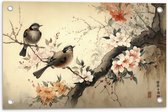 Tuinposter – Tekening van Tak met Vogels en Bloemen - 60x40 cm Foto op Tuinposter (wanddecoratie voor buiten en binnen)