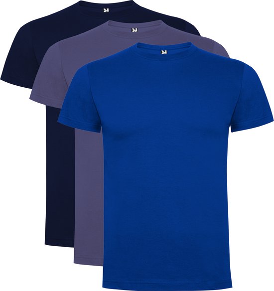 3 Pack Roly Dogo Premium Heren T-Shirt 100% katoen Ronde hals Konings Blauw, Denim Blauw, Donker Blauw Maat M