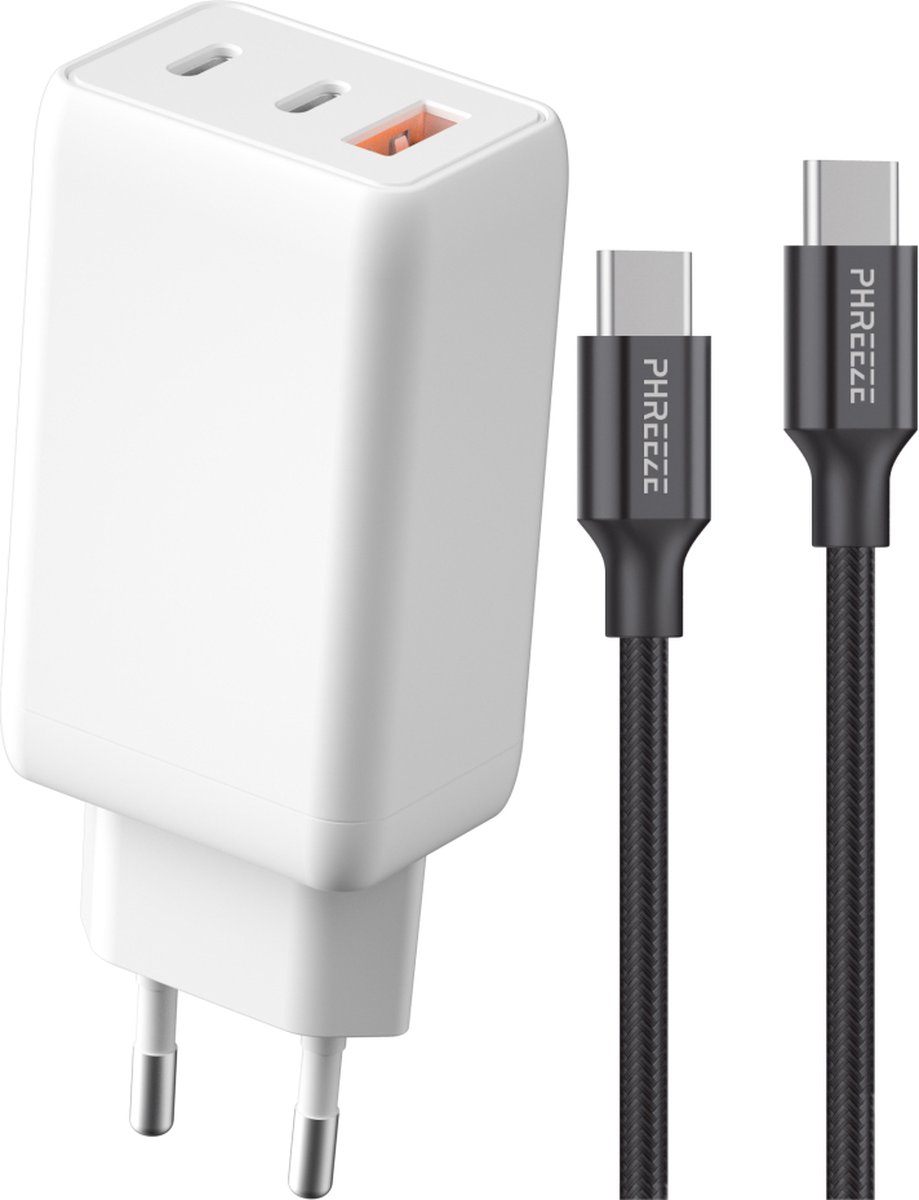 USB C Adapter 3 Poorten + USB C naar USB C Kabel - GaN 65W Snellader USB-C - 1 Meter Lang - USB C Stekker Lader Oplader