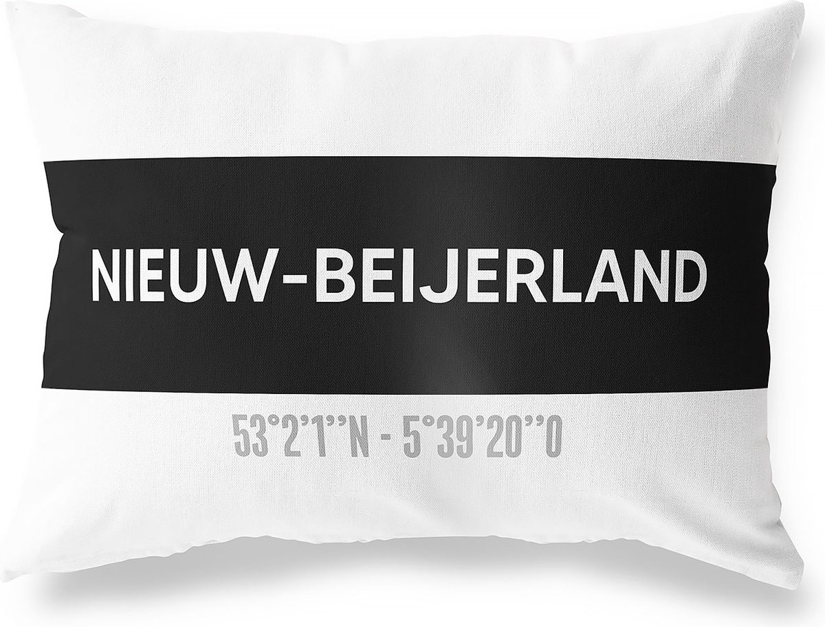 Tuinkussen NIEUW-BEIJERLAND - ZUID-HOLLAND met coördinaten - Buitenkussen - Bootkussen - Weerbestendig - Jouw Plaats - Studio216 - Modern - Zwart-Wit - 50x30cm