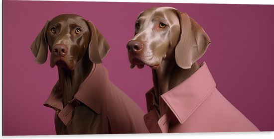 Dibond - Twee Bruine Duitse Dog Honden in Roze Overhemden tegen Roze Achtergrond - 100x50 cm Foto op Aluminium (Wanddecoratie van metaal)