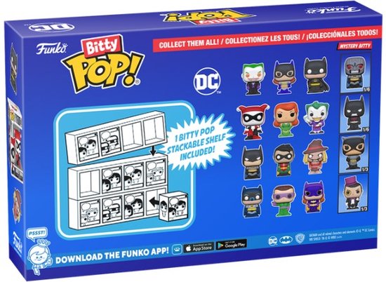 Achterkant van de Funko Bitty Pop! 4-Pack doos met een overzicht van de figuren, inclusief een stapelbare display shelf.