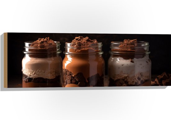 Hout - Chocolademouse Toetjes in Glazen Potjes - 90x30 cm - 9 mm dik - Foto op Hout (Met Ophangsysteem)